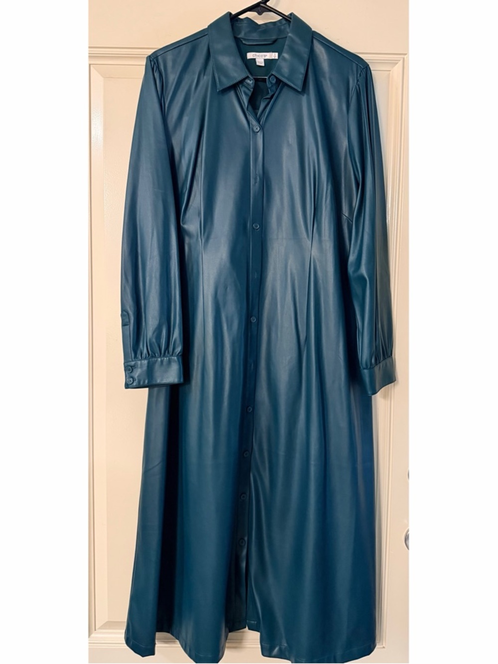 Chico's Dark Teal Faux Leather Long Sleeve Button Down  Dress